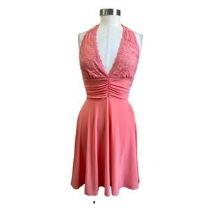 Vintage Y2K Pink Halter Lace Dress Size M Coquette Fit Flare Party